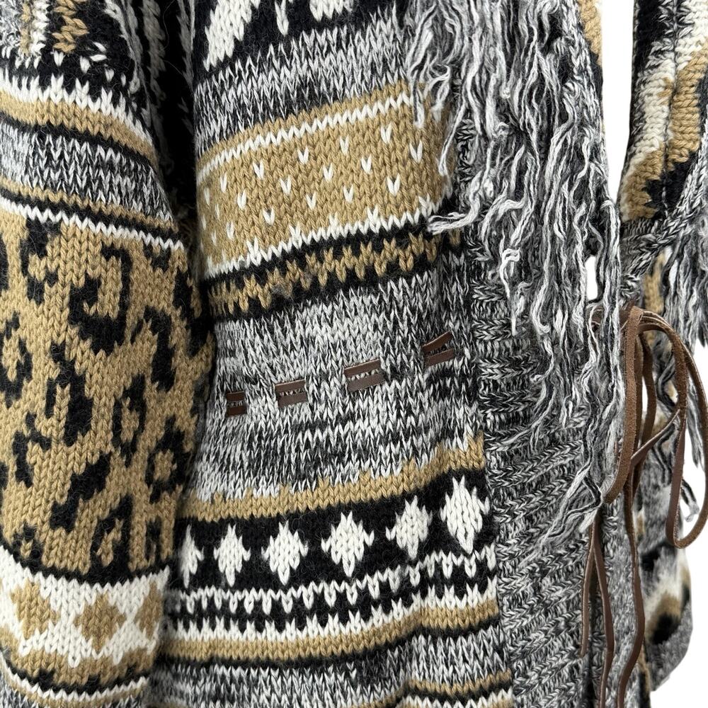 Vintage 80s Together Cardigan Sweater Medium Leopard Print Fringe Chunky Knit - Picture 6 of 13